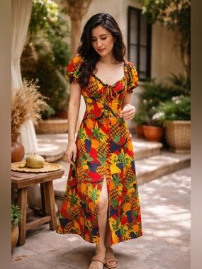 Farm Rio Fruit Salad Midi Dress Small Tropical Print Square Neck NWT